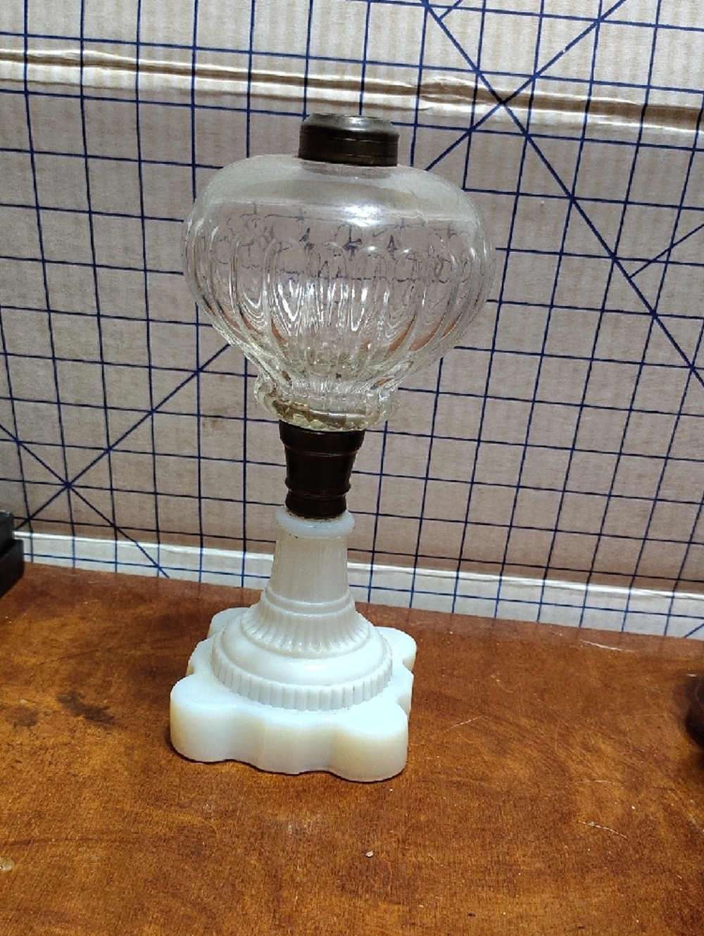 Vintage Milk Glass Oil Lamp with Clear Pressed Glass